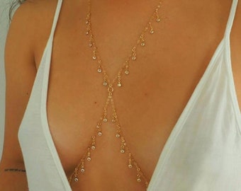 Body Necklace with Crystal Stone,Gold Body Chain,Festival Chain,Body Bralette, Body Chain,Layered Body Chain Bralette,Bikini Body Jewelry