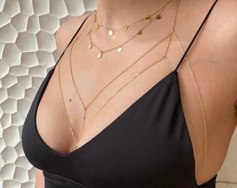 Body Jewelry, Body Chain,Layered Body Chain Bralette,Bikini Body Jewelry,Gold Body Chain,Gold Body Necklace,Gold Body Bralette