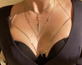 Silver Body Jewelry, Silver Body Chain, Silver Festival Chain, Silver Bralette, Body Chain, Layered Body Chain Bralette, Bikini Body Jewelry