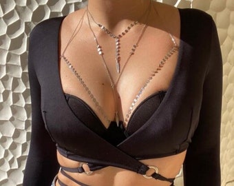 Bikini Body Jewelry, Silver Body Jewelry, Silver Body Necklace, Silver Body Chain, Silver Bralette, Body Chain, Layered Body Chain Bralette