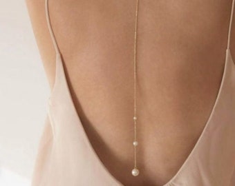 Pearl Back Necklace, Sliding Back Chain, Lariat Back Pendant, Fine Backdrop Chain, Rose Gold Necklace, Wedding Dress Jewel, Gift for Bride