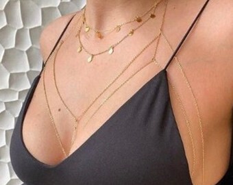 Body Jewelry, Body Chain,Layered Body Chain Bralette,Bikini Body Jewelry,Gol Boldy Chain,Gold Body Necklace,Gold Body Bralette