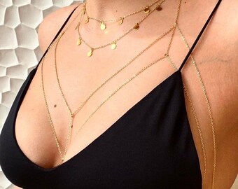 Body Jewelry, Body Chain,Layered Body Chain Bralette,Bikini Body Jewelry,Gol Boldy Chain,Gold Body Necklace,Gold Body Bralette