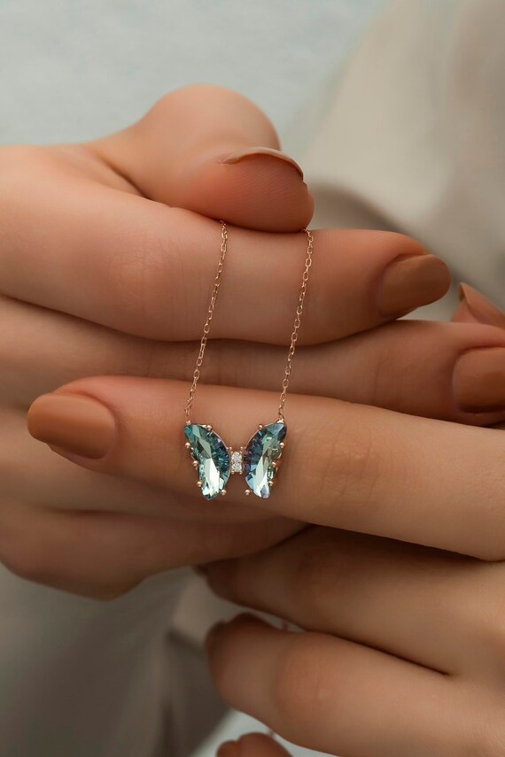 Aquamarine butterfly necklace clearance