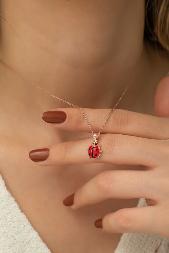 925 Sterling Silver Rose Gold Ladybug Necklace Ladybug Necklace Rose Gold Ladybug Necklace Silver Women Necklace