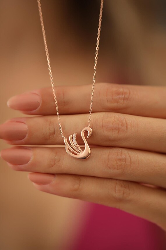 925 Sterling Silver Minimal Swan Necklace Rose Gold charm Necklace