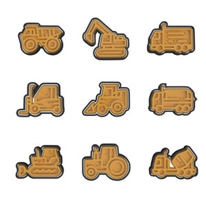 May include: Nine different types of construction vehicles, including a dumper truck, excavator, forklift, tractor, cement mixer, and more, are illustrated in a cartoon style with a brown outline and black shadow.