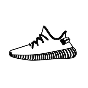 May include: Black and white line drawing of a sneaker with a thick sole and laces.