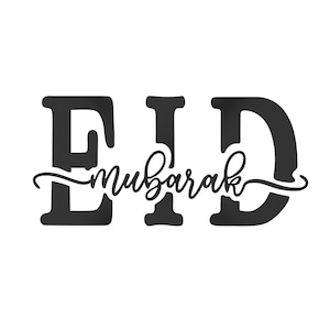 May include: Black and white graphic design with the text "Eid Mubarak" in a cursive font.