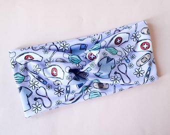 Purple Nurse Things Simple Twist Soft Fabric Headband, Nurse Headband, Headband with Buttons, Registered Nurse