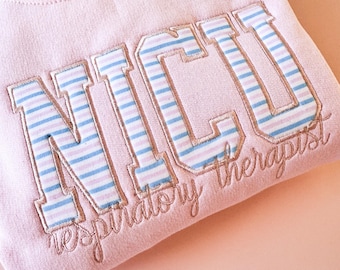 Moletom bordado com listras hospitalares para terapeuta respiratório da UTI Neonatal, aplique de tecido para UTI Neonatal, UTI Neonatal, RT, graduação, UTI Neonatal, Unidade de Terapia Intensiva Neonatal