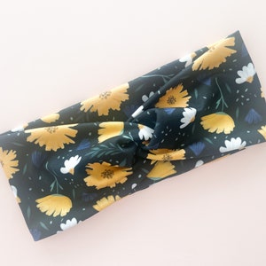 Black Yellow Floral Simple Twist Soft Fabric Headband, Nurse Headband, Headband with Buttons, Headband for Women