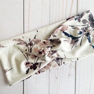 Beige Mauve Stems Simple Twist Soft Fabric Headband, Nurse Headband, Headband with Buttons, Headband for Women