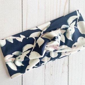 Navy + White Floral Simple Twist Soft Fabric Headband, Nurse Headband, Headband with Buttons, Headband for Women