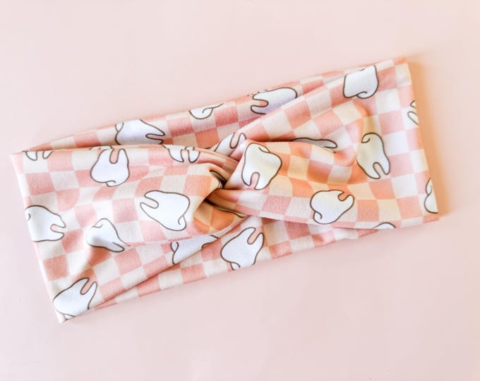 Light Pink Peach Checkered Tooth Simple Twist Soft Fabric Headband ...