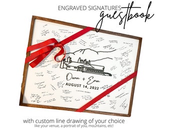 Wedding Guestbook | Custom Engraved Signatures with Line Drawing Venue Portrait Minimalist Clean Guestbook Minimalist Wedding Classic