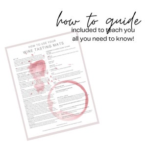 Puede incluir: Una gu&iacute;a para usar tapetes de cata de vino con una lista de sabores comunes que se encuentran en el vino. La gu&iacute;a incluye instrucciones sobre c&oacute;mo configurar una cata, c&oacute;mo guiar tu cata y consejos &uacute;tiles para degustar el vino.