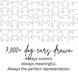 Puede incluir: Un fondo blanco presenta un patr&oacute;n de contornos de orejas de perro grises. El texto dice "7.000+ orejas de perro dibujadas". Texto adicional dice "Siempre personalizado. Siempre significativo. Siempre la representaci&oacute;n perfecta."