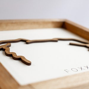 Puede incluir: Una obra de arte enmarcada en madera que presenta un contorno marr&oacute;n estilizado de una forma geogr&aacute;fica, posiblemente una costa o un r&iacute;o. La obra de arte est&aacute; sobre un fondo blanco, con la palabra "FOXXI" impresa en negro. El marco es de madera clara.