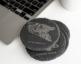 Ski Resort Mountain Custom Coasters | Set of 4 Slate Coasters with Your Favorite Mountain Design Gift for Skiers