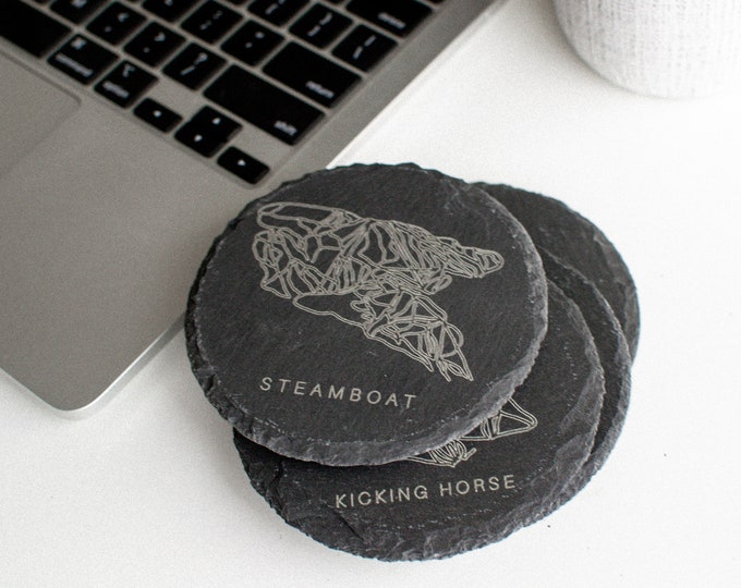 Ski Resort Mountain Custom Coasters | Set of 4 Slate Coasters with Your Favorite Mountain Design Gift for Skiers