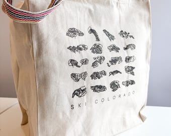 Bolsa de tela Ski Colorado: mapas de senderos dibujados a mano, lona de algodón reciclado