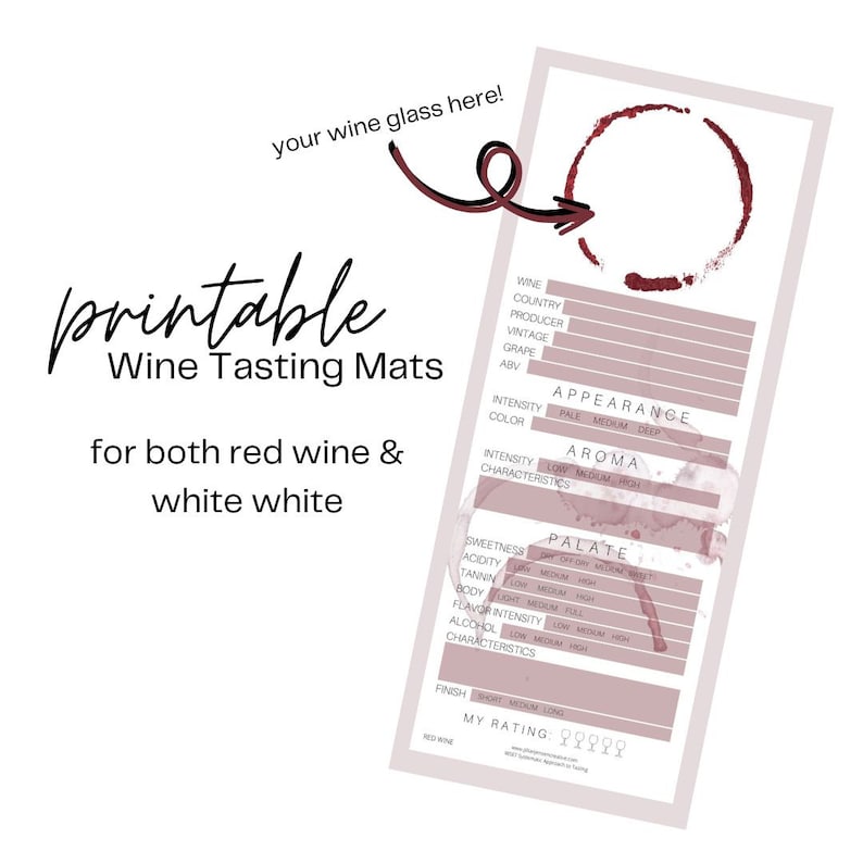 Puede incluir: Una estera de cata de vino imprimible con una mancha de copa de vino tinto. La estera tiene secciones para los detalles del vino, la apariencia, el aroma, el paladar, el final y una secci&oacute;n de calificaci&oacute;n. El texto en la estera dice "Esteras de cata de vino para vino tinto y vino blanco".