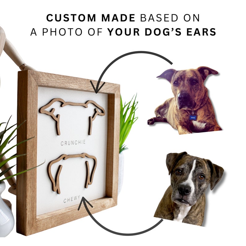 Puede incluir: Obra de arte enmarcada en madera personalizada con dos contornos de orejas de perro, etiquetados "Crunchie" y "Chewy". La obra de arte se muestra con dos fotos de perros. El texto en la parte superior dice "CUSTOM MADE BASED ON A PHOTO OF YOUR DOG'S EARS."