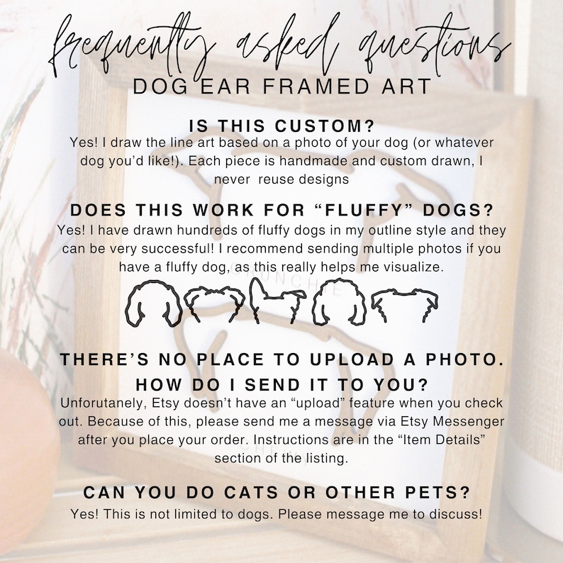 Puede incluir: Una impresi&oacute;n art&iacute;stica enmarcada con el texto "Frequently Asked Questions" y "Dog Ear Framed Art". La impresi&oacute;n responde preguntas sobre arte canino personalizado, incluyendo perros esponjosos y otras mascotas. El arte est&aacute; hecho a mano y dibujado a medida.