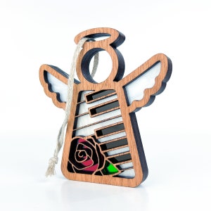 Music Angel Memorial Ornament for Loss of Mom, Red Rose Memorial Suncatcher for Windows, Bereaved Mother Gift, Piano Gifts for Women, Grief image 2