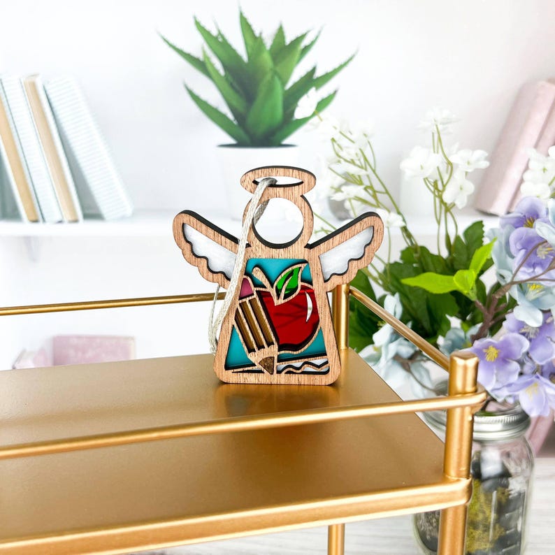 Teacher Ornament Wood, Homeschool Mom Mothers Day Gift for Mother in Law, Preschool Teacher Mom Gift From Daughter, Angel Wings Suncatcher image 6