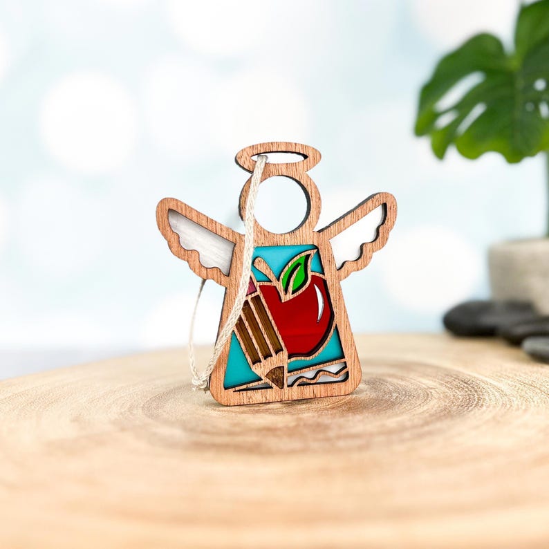 Teacher Ornament Wood, Homeschool Mom Mothers Day Gift for Mother in Law, Preschool Teacher Mom Gift From Daughter, Angel Wings Suncatcher image 5