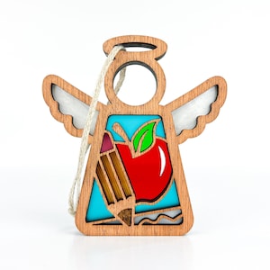 Teacher Ornament Wood, Homeschool Mom Mothers Day Gift for Mother in Law, Preschool Teacher Mom Gift From Daughter, Angel Wings Suncatcher image 1