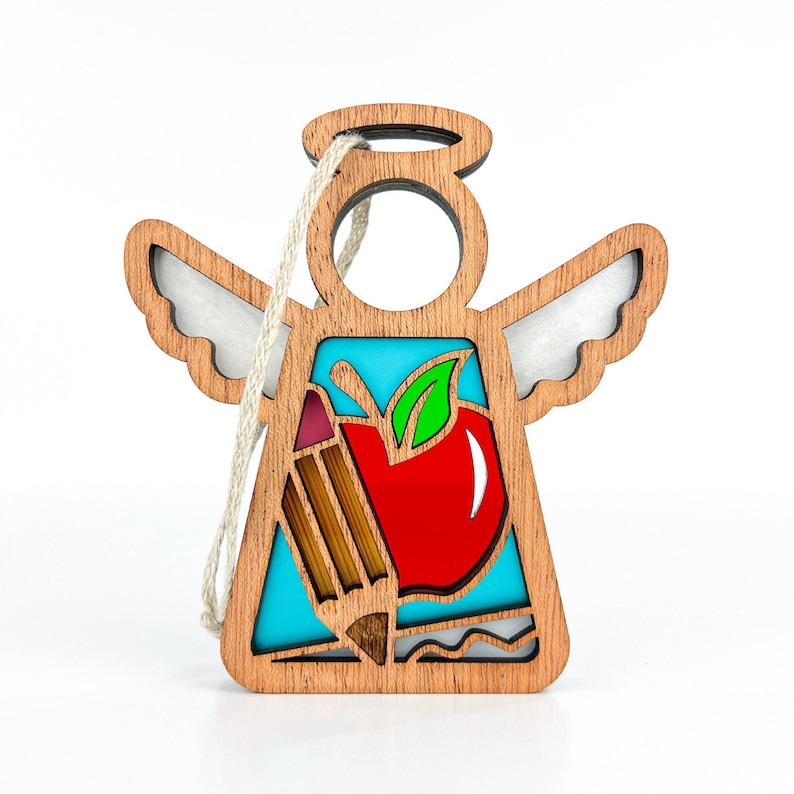 Teacher Ornament Wood, Homeschool Mom Mothers Day Gift for Mother in Law, Preschool Teacher Mom Gift From Daughter, Angel Wings Suncatcher image 1
