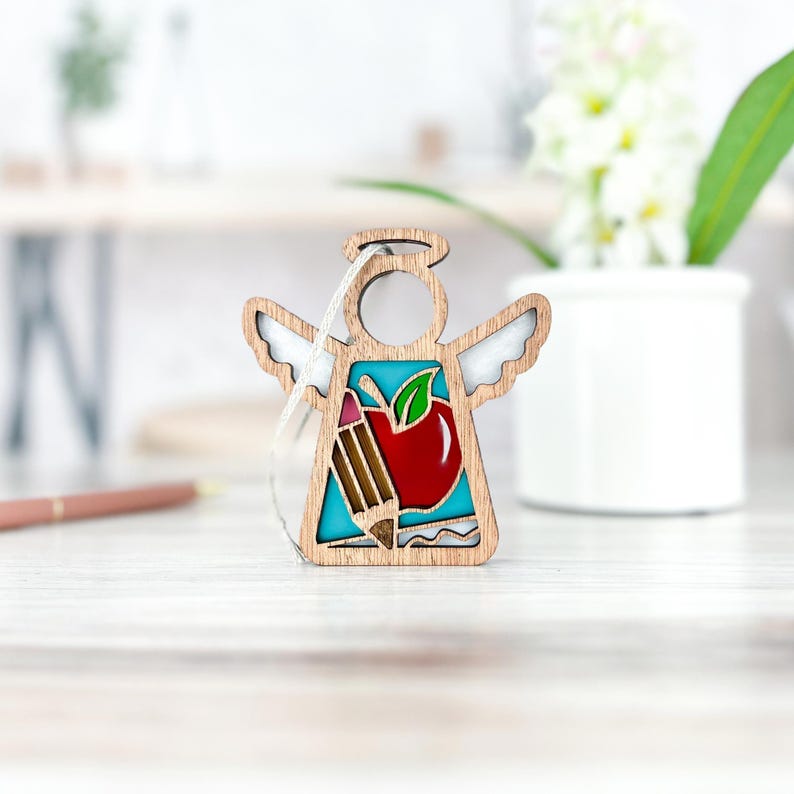Teacher Ornament Wood, Homeschool Mom Mothers Day Gift for Mother in Law, Preschool Teacher Mom Gift From Daughter, Angel Wings Suncatcher image 3