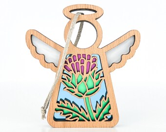 Purple Thistle Angel Christmas Tree Ornaments Handmade, Baptism Christmas Ornament Wood, Christian Christmas Gifts for Mom, Secret Santa