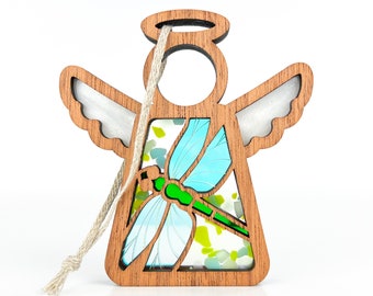 Dragonfly Ornament Wood, Damselfly Dragonfly Suncatcher for Windows, Gardener Gifts for Women, Nature Inspired Decor Wall Hanging, Angel Car