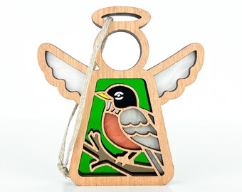 American Robin Suncatcher for New Home, Spring Tiered Tray Wooden Angel Shelf Figurines, Easter Ornaments for Small Tree, Bird Watcher Gift