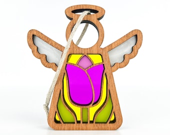 Purple Tulip Suncatcher for Best Friends, Flower Tier Tray Decor, Spring Shelf Decor, Wood Angel Easter Ornament for Tree, Easter Hostess