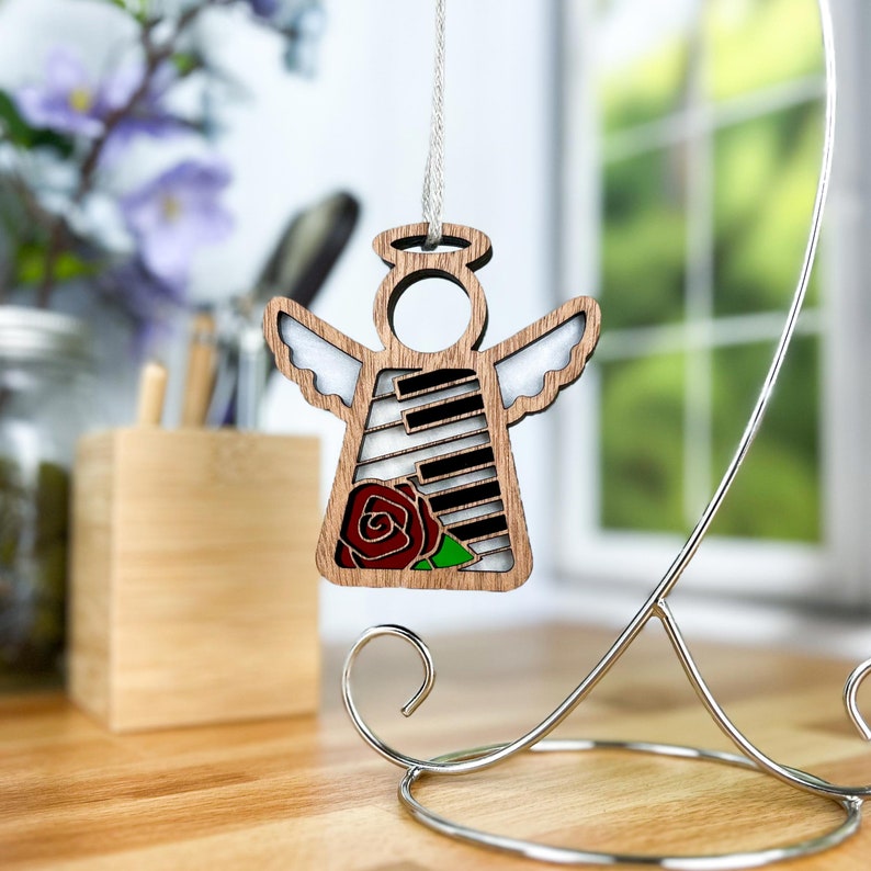 Music Angel Memorial Ornament for Loss of Mom, Red Rose Memorial Suncatcher for Windows, Bereaved Mother Gift, Piano Gifts for Women, Grief image 7