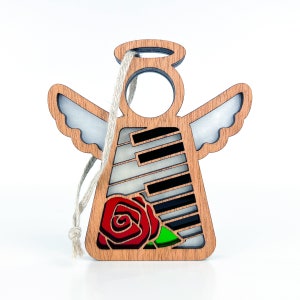 Music Angel Memorial Ornament for Loss of Mom, Red Rose Memorial Suncatcher for Windows, Bereaved Mother Gift, Piano Gifts for Women, Grief image 1