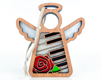 Music Angel Memorial Ornament for Loss of Mom, Red Rose Memorial Suncatcher for Windows, Bereaved Mother Gift, Piano Gifts for Women, Grief