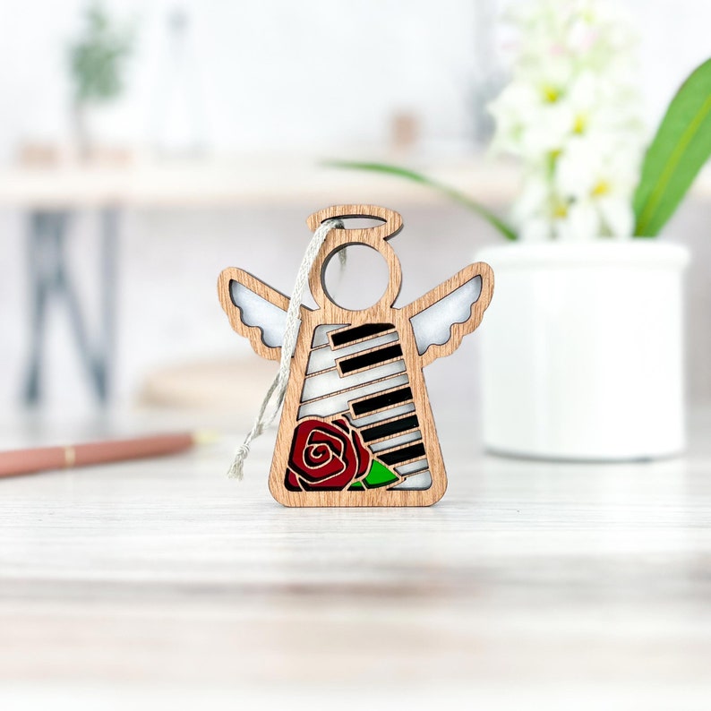 Music Angel Memorial Ornament for Loss of Mom, Red Rose Memorial Suncatcher for Windows, Bereaved Mother Gift, Piano Gifts for Women, Grief image 3