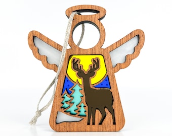Woodland Deer Suncatcher for Windows, Winter Deer Baby Shower Gift Boy, Outdoorsy Gifts for Men, Cabin Decor, Angel Wings Ornament Wood, 5th