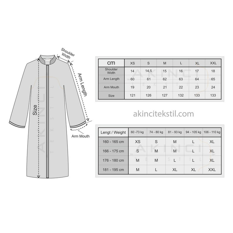 Puede incluir: Un diagrama de una prenda larga de color gris claro con medidas en cent&iacute;metros. El diagrama incluye una tabla de tallas con medidas de ancho de hombros, largo de manga, abertura de manga y talla, as&iacute; como una tabla de largo/peso.