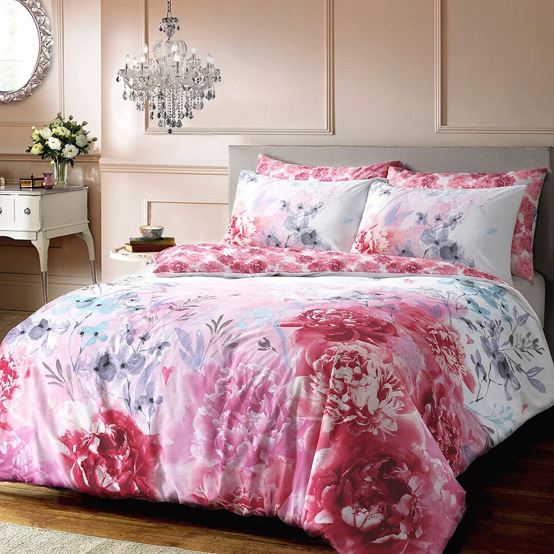 Bold Painted Floral Pink Bedding Poly Cotton Reversible Duvet Etsy UK