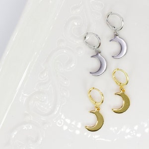 Gold and Silver Moon Charm Huggie Earrings