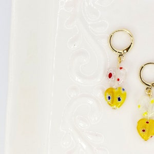 Gold Red and Yellow Double Hearts Huggie Earrings