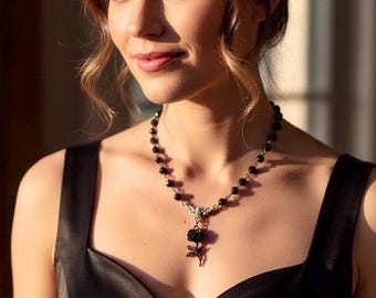Gothic gift for her, Rosary necklace, Black Rose necklace, Black flower Gothic wedding, Rose Gothic necklace, Gift for daughter