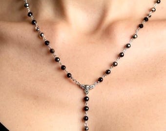Gothic Black Beaded Y Necklace with Drop Pendant – Victorian Inspired Handmade Jewelry